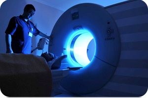 Patient entering the CT scanner.
